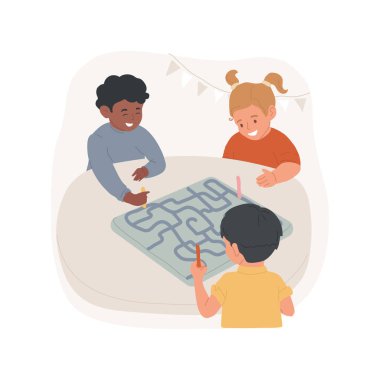 Maze oyunu karikatür vektör illüstrasyonunu izole etti. Birlikte labirent oyunu oynayan bir grup çocuk, huzurlu çocukluk, zihin zorluğu, yürümeye başlayan çocuklar için beyin oyunları, boş zaman aktivite vektör çizgi filmi..