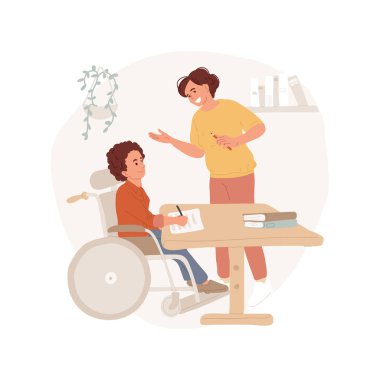 Birebir destek karikatür vektör çizimi. Profesyonel ebeveyn desteği, birebir yardım toplantısı, engelli çocuklar için eğitim, özel okul vektör karikatürü.