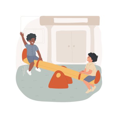 Tahterevalli karikatür vektör çizimi. Tahterevalli üzerinde dengede duran çocuklar, teneffüs eğlencesi, oyun alanı tesisi, boş zaman, açık hava aktivitesi, birlikte at sürme, ilkokul vektör karikatürü.