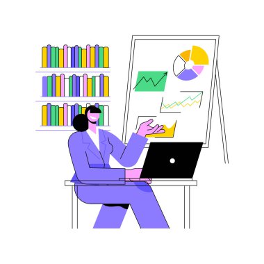 Çevrimiçi MBA karikatür vektör çizimlerini izole etti. Bilgisayarlı konsantre bir kız MBA kursu, işletme yönetimi ve işlemleri, sanal eğitim, uzaklık öğrenme vektör karikatürü alıyor..