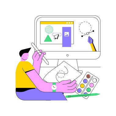 Grafik tasarım kursu karikatür vektör çizimlerini izole etti. Genç çocuk eskizler çiziyor, online derece, uzaklık öğrenimi, sanal eğitim, UI ve UX tasarım vektör karikatürü.