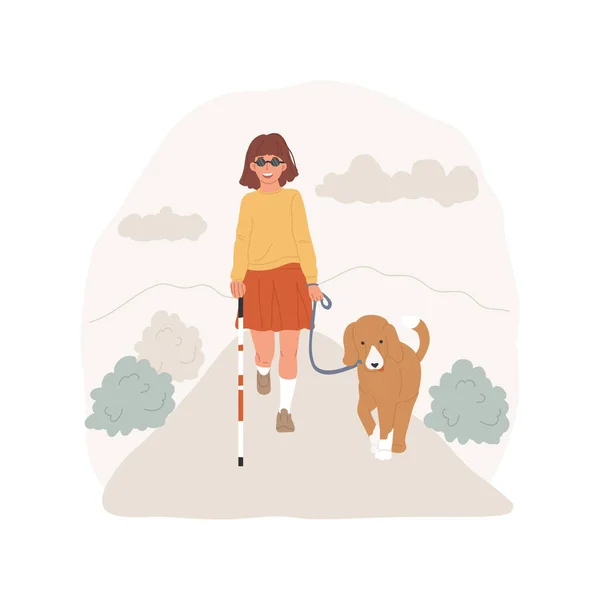 导盲犬孤立的卡通矢量图解 机动性训练课 视力受损的青少年带着导盲犬行走 助残动物带着盲童矢量卡通片 — 图库矢量图片