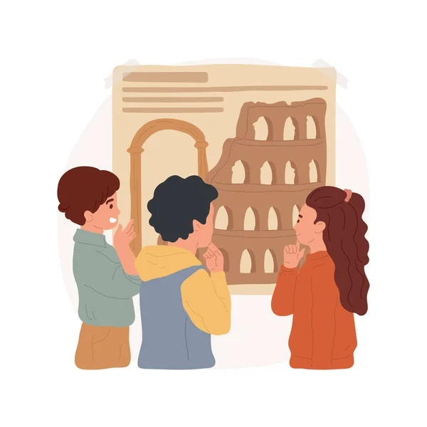 stock vector Learn about ancient civilizations isolated cartoon vector illustration. Children look at poster with ruins, learn ancient civilization history, elementary school curriculum vector cartoon.