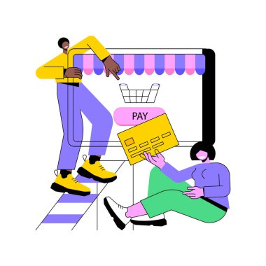 Ödeme sırası karikatür vektör çizimleri. Genç bir çift online market alışverişini tabletle ödüyor, internetten yemek alıyor, modern ürün dağıtım süreci vektör karikatürü.