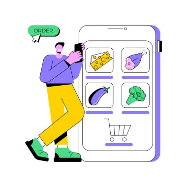 Çevrimiçi izole çizgi film çizimleri düzenliyorum. Ellerinde telefon tutan ve internetten yiyecek alan genç adam, İnternet üzerinden market alışverişi, kaldırım kenarı servis hizmeti karikatürü.
