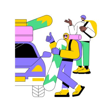 Snowboard gezisi karikatür vektör çizimlerini izole etti. Arkadaşlardan oluşan bir grup snowboard, kış tatili, özel ekipman, ekstrem spor, dağlarda eğlence vektör karikatürü için hazırlanıyor..