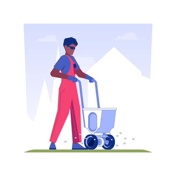 stock vector Lawn fertilization isolated concept vector illustration. Gardener in uniform deals with lawn fertilization using special equipment, exterior works, meadow maintenance vector concept.