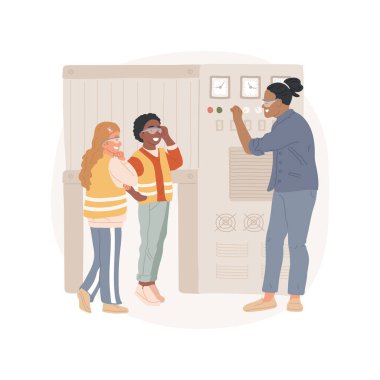 İş yeri turu izole edilmiş çizgi film çizimi. Kariyer keşfi, okul öğrencisi, işyeri öğrenme deneyimi, bitkiyi ziyaret eden çocuklar, işçi makineyi açıklıyor, saha gezisi vektör karikatürü.