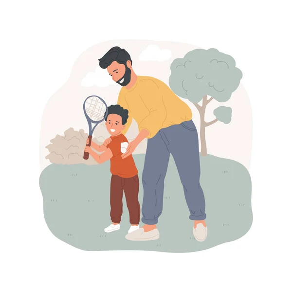 Badminton Απομονωμένη Απεικόνιση Φορέα Κινουμένων Σχεδίων Πατέρας Και Γιος Παίζουν — Διανυσματικό Αρχείο