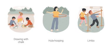 Okul bahçesindeki eğlenceli karikatür çizimi seti. Tebeşirle çizim, hula-hooping, açık havada limbo oyunu, derslere ara, okulda boş zaman, aktif çocuk vektör karikatürü.