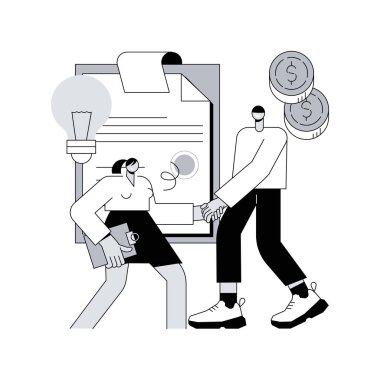 Konsept vektör illüstrasyonu lisansı. Sanatçı lisans sözleşmesi, fikri mülkiyet anlaşması, elektronik kopya satışları, yazılım telif hakkı, plak etiketi soyut metaforu.