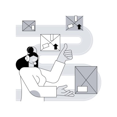 Depo sesi soyut konsept vektör çizimi görevi. Ses seçimi, konuşma temelli depolama, eller serbest ve gözlerden uzak sistem, doğru otomatik kağıtsız işlemler soyut metafor.