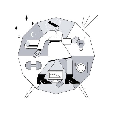 Disiplin soyut konsept vektör çizimi. Kişisel kalite, disiplinli çalışan, çalışkanlık, öz disiplin eğitimi, davranış düzenlemesi, kurallara uyma, kontrol alışkanlığı soyut metafor.