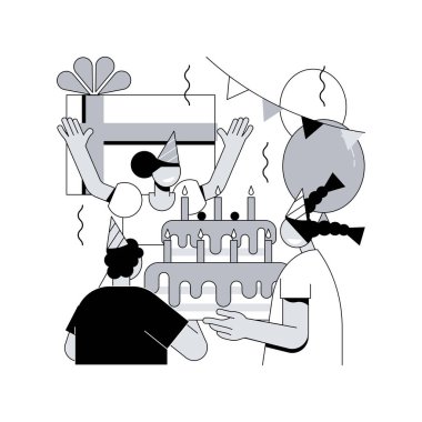 Çocukların doğum günü konsept vektör çizimi. Çocukların doğum günü partisi, parti fikirleri, kapalı mekan, eğlence, çocuk kutlaması, çocuk parkında palyaço, ebeveyn istirahati, konfeti soyut metafor.