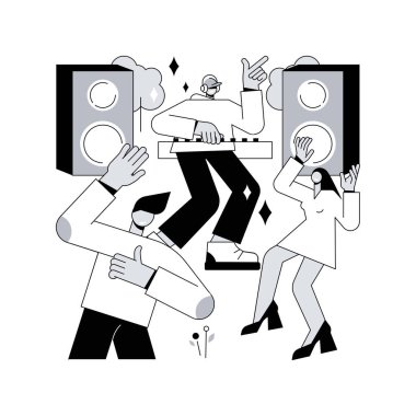 Açık hava partisi soyut konsept vektör çizimi. Açık hava etkinliği, açık havada dans, yaz müzik festivali, konser, kalabalık, gece partisi, canlı performans soyut metaforu.