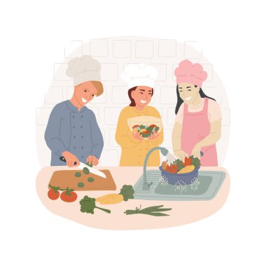 Yemek hazırlama ve güvenli karikatür çizimi. Ev ekonomisi orta okul sınıfı, düşük maliyetli aşçılık, aşçılık becerisi geliştirme, gıda güvenliği, yemek hazırlama vektör karikatürü.