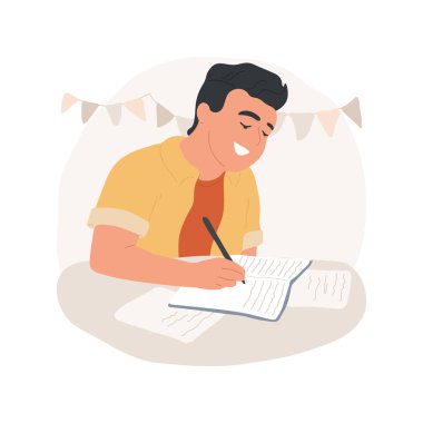 Yaratıcı yazı ödevi izole edilmiş karikatür vektör çizimi. Yaratıcı ödev, ilgili konu üzerine öğrenci yazısı, dil sanatları, yazılı form vektör karikatürü ile iletişim fikri.