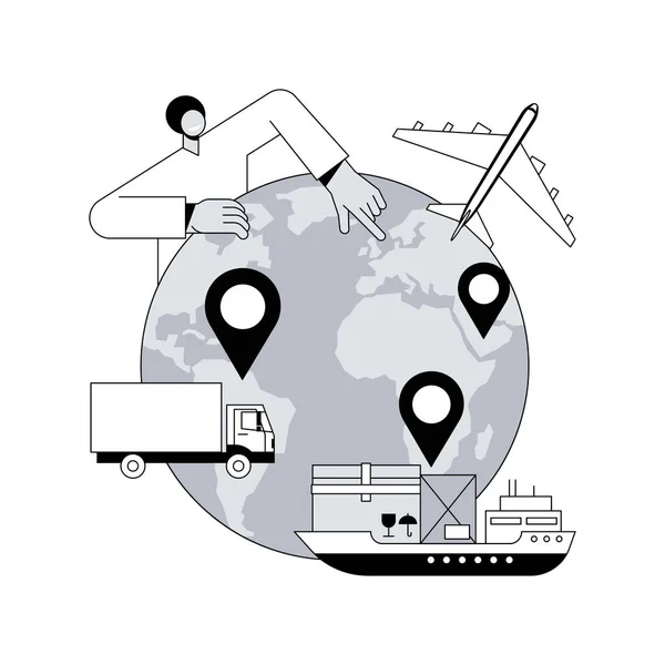 国际运输抽象概念矢量图解 国际运输 全球海洋物流 空运货物 集装箱羊 公路卡车 货物抽象比喻 — 图库矢量图片