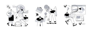 Başlangıç gelişimi soyut konsept vektör çizimi seti. İş planı, melek yatırımcı, risk yönetimi, girişimci, bağış toplama ve çevrimiçi kitle fonlama, yatırım sermayesi soyut metaforu.