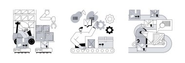 Paketler soyut konsept vektör illüstrasyon seti. Depo robotlaştırma, tasnif sistemleri, barkod taraması, forklift, ürün depolama, taşıyıcı, sipariş işleme, QR okuyucu soyut mecazı.