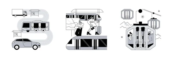 公共交通機関抽象概念ベクトルイラストセット 地下およびケーブル輸送 道路や高速道路 トロリーバス バス停 地下鉄駅 旅客輸送抽象的なメタファー — ストックベクタ