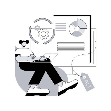 Alt etiket optimizasyonu soyut konsept vektör çizimi. Web sitesi optimizasyon servisi, alt etiket, sayfa navigasyonu, UI element tasarımı, menü çubuğu, SEO resim açıklaması, web arama soyut metaforu.