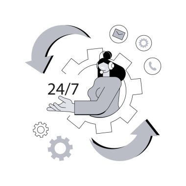 7 servis için 24 soyut konsept vektör illüstrasyonu. 7 / 24 teknik destek, acil durum hattı, tüm gün yardım, iş takvimi, uzun çalışma saatleri, çağrı merkezi soyut metaforu.