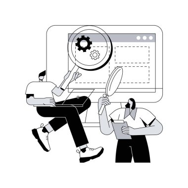 Kullanıcı araştırması soyut konsept vektör çizimi. Tasarım projesi, çevrimiçi anket, raporlar ve analitik, kullanıcı deneyimi, veri ve geri bildirim, tasarım ajansı, odak grubu, soyut metaforu test etme.