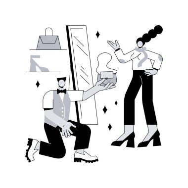 Kişisel stilist soyut konsept vektör çizimi. Alışveriş danışmanı, güzellik blogcusu, iş kıyafetleri terzisi, çalışma alanı modası, erkek ve kadın tarzı, soyunma odası soyut metaforu.