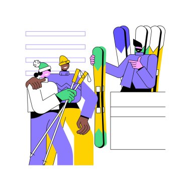 Kayak kiralama karikatür vektör çizimleri. Genç çift kış tatillerinde kayak, turizm sektörü, açık hava ekipmanları, eğlence endüstrisi, birlikte tatile çıkan vektör karikatürü kiralıyor..