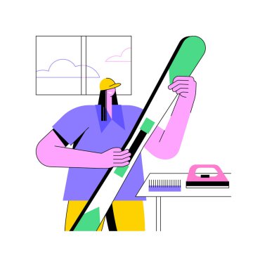 Kayak bakımı, karikatür vektör çizimleri. Tamirci kayak, kiralama işi, bakım hizmeti, turizm endüstrisi, açık hava ekipmanları, eğlence fikri karikatürü.