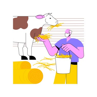 Hormonlar ve antibiyotikler hayvansal gıdalar karikatür vektör çizimleri. Çiftçi inekleri saman, modern tarım, organik tarım endüstrisi ve çiftlik hayvanlarıyla besler..