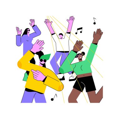 Dans müzik festivali izole edilmiş karikatür vektör çizimleri. Dans müzik festivalinde eğlenen gençler, özel bir gün, coşkulu bir ruh hali, yaz tatili, arkadaşlarıyla eğlenen vektör karikatürü..