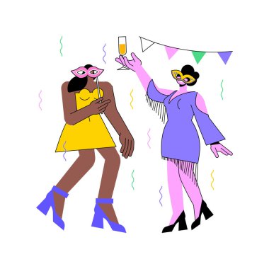 Festival kıyafeti karikatür vektör çizimlerini izole etti. Temalı kostümlü ve karnaval maskeli gülümseyen kız eğleniyor, arkadaşları kutlama partisi veriyor, festival karikatürü için özel kıyafetler giyiyor..