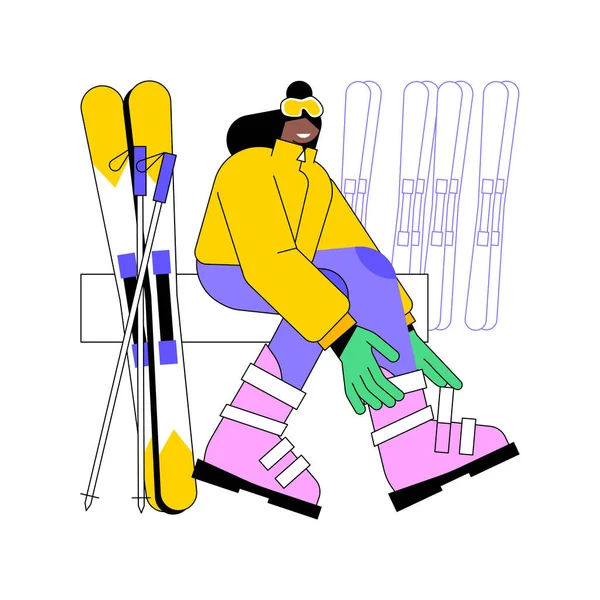 滑行齿轮隔离卡通矢量插图 穿着滑雪靴 设备租金 娱乐业 冬季活动病媒卡通片的年轻女游客 — 图库矢量图片