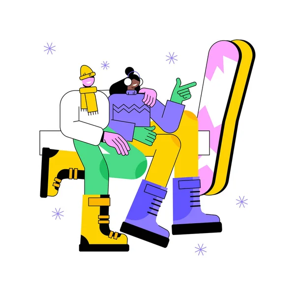 滑雪板靴孤立的卡通矢量插图 夫妇穿着雪地靴 租赁业 旅游和娱乐业 户外设备 冬季假日矢量漫画 — 图库矢量图片