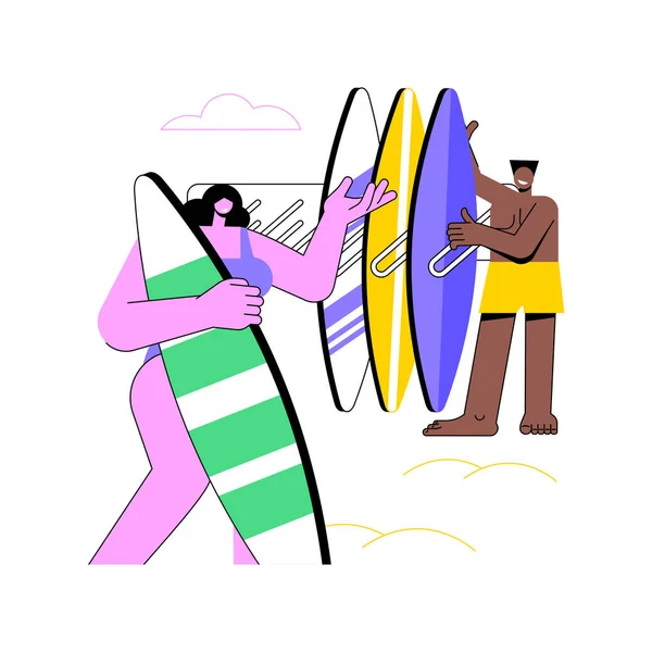 Surfbrettverleih Isolierte Cartoon Vektorillustrationen Gruppe Von Leuten Die Surfbretter Mieten — Stockvektor