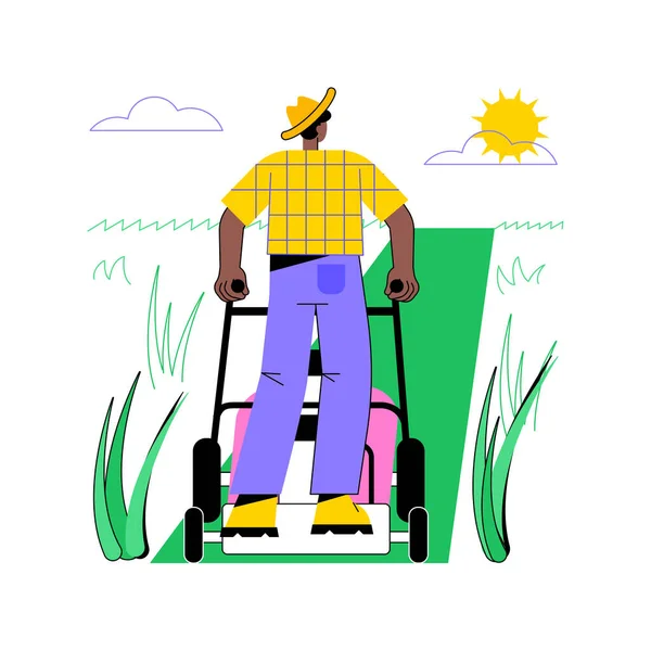 隔離された漫画のベクトルイラストを刈ることによって雑草を制御する 現代農業 有機農業 園芸機器ベクトル漫画の分野で草刈り機を持つ農家 — ストックベクタ
