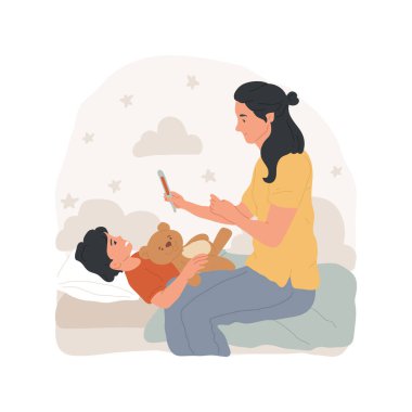 Sıcaklık ölçümü karikatür vektör çizimini izole etti. Anne çocuk ateşini ölçer, bebek yatakta yatar, kadın termometreyi tutar, mevsimsel soğuk algınlığı ve grip, aile sağlığı çizgi filmi.