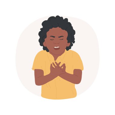 Nefes darlığı, karikatür vektör çizimi. Astım belirtileri, ağzı açık çocuk nefes darlığı çekiyor, göğsü tutuyor, derin nefes alıyor, astımlı çocuk çizgi filmi..
