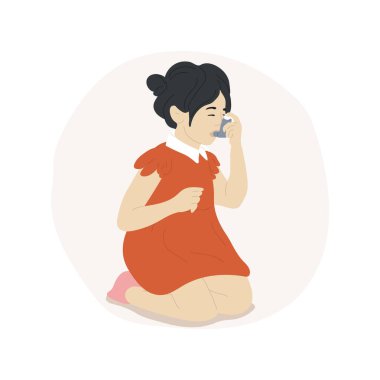 İnhaler izole edilmiş çizgi film çizimi kullan. Childs solunum cihazı soluyan çocuk, astım tedavisi, çocuk sağlığı problemi, nefes darlığı, nefes darlığı, karikatür..