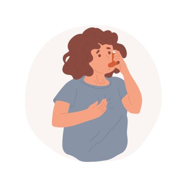 Astım krizi izole edilmiş karikatür vektör çizimi. Çocuk göğsünü tutuyor, astım spreyi kullanıyor, derin nefes alıyor, hastalık nöbeti geçiriyor, sağlık sorunları, hasta hisseden çocuk, oksijensiz vektör karikatürü..
