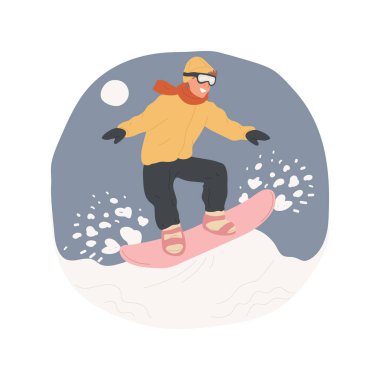 Snowboard numaraları izole edilmiş karikatür vektör çizimi. Genç snowboardcu, mavi gökyüzüne karşı atlıyor serbest stil numaraları yapıyor, aşırı kış sporu yapıyor, gençlerin aktif yaşam tarzı karikatürü çiziyor..