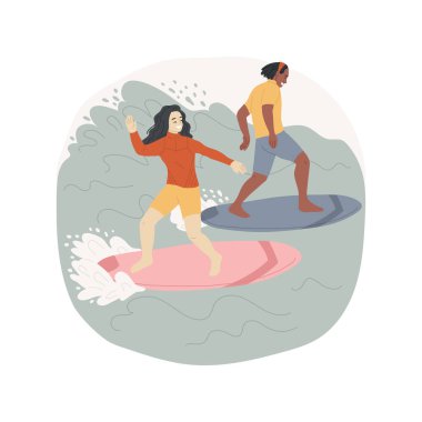 Surfing isolated cartoon vector illustration. Group of happy teenagers surfing together, extreme summer sport, active lifestyle, leisure time together, having fun on beach vector cartoon. clipart