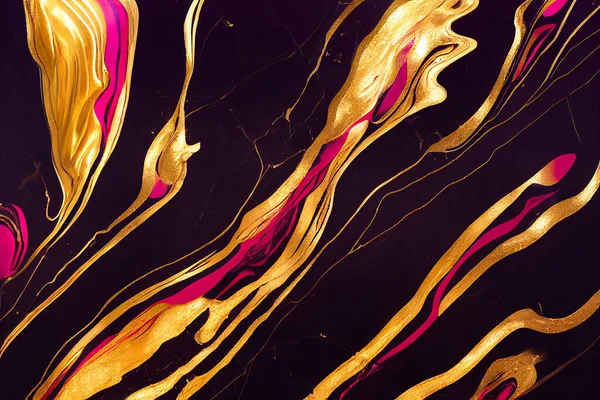 Black pink and gold marble abstract background. Decorative acrylic paint pouring rock marble texture. Horizontal Black fuchsia pink and gold wavy abstract pattern.