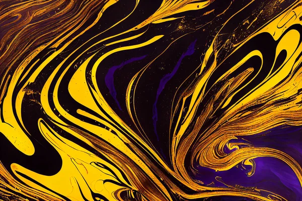 Black violet and gold marble abstract background. Decorative acrylic paint pouring rock marble texture. Horizontal Black violet and gold wavy abstract pattern.