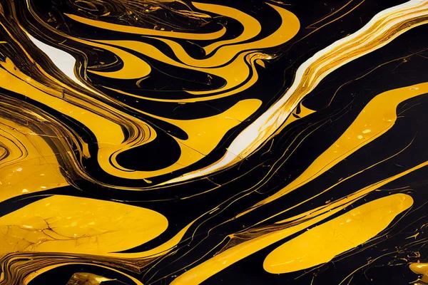 Black and gold marble abstract background. Decorative acrylic paint pouring rock marble texture. Horizontal Black and yellow wavy abstract pattern.