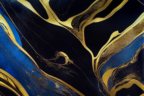 Navi blue and gold marble abstract background. Decorative acrylic paint pouring rock marble texture. Horizontal Navi blue and gold wavy abstract pattern.