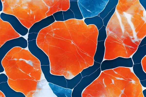 Ultramarine blue and orange marble abstract background. Decorative acrylic paint pouring rock marble texture. Horizontal Ultramarine blue and orange geometric abstract pattern.