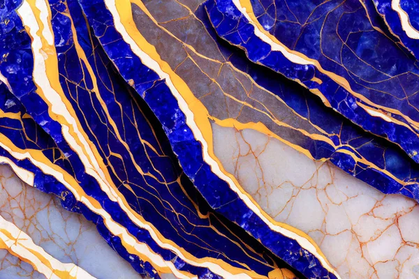 Ultramarine blue and gold Tanzanite marble abstract background. Decorative acrylic paint pouring rock marble texture. Horizontal Tanzanite blue and gold abstract pattern.